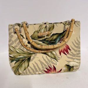 Vintage Palm Beach tropical fabric covered purse with bamboo handle and closure
